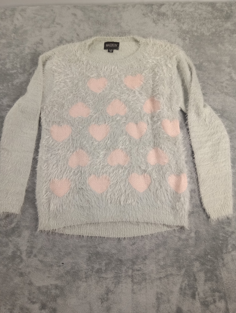Madison women's Soft Fuzzy Light Gray Sweater with Pink Heart Pattern Size XL
